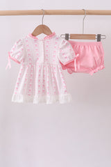 Pink bow smocked ruffle bloomer set