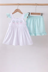 Blue seashell embroidery ruffle shorts set