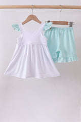 Blue seashell embroidery ruffle shorts set
