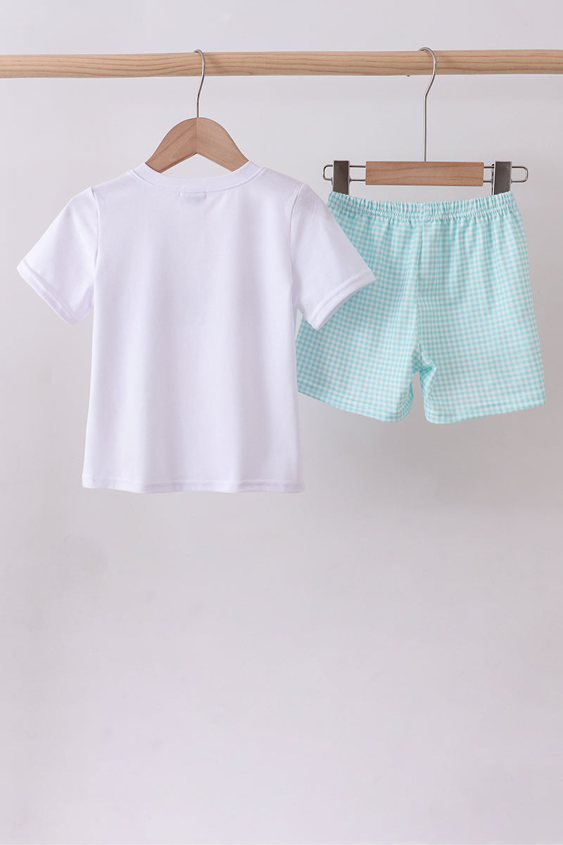Blue seashell embroidery shorts set