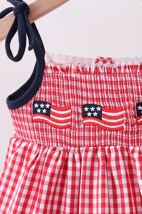 Red flag smocked gingham bloomer set