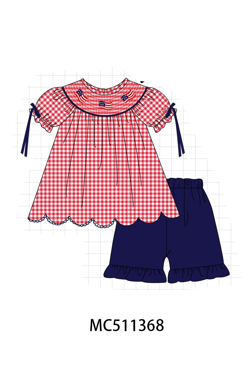 Red flag smocked gingham ruffle shorts set