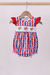 Red puppy embroidery ruffle plaid bubble