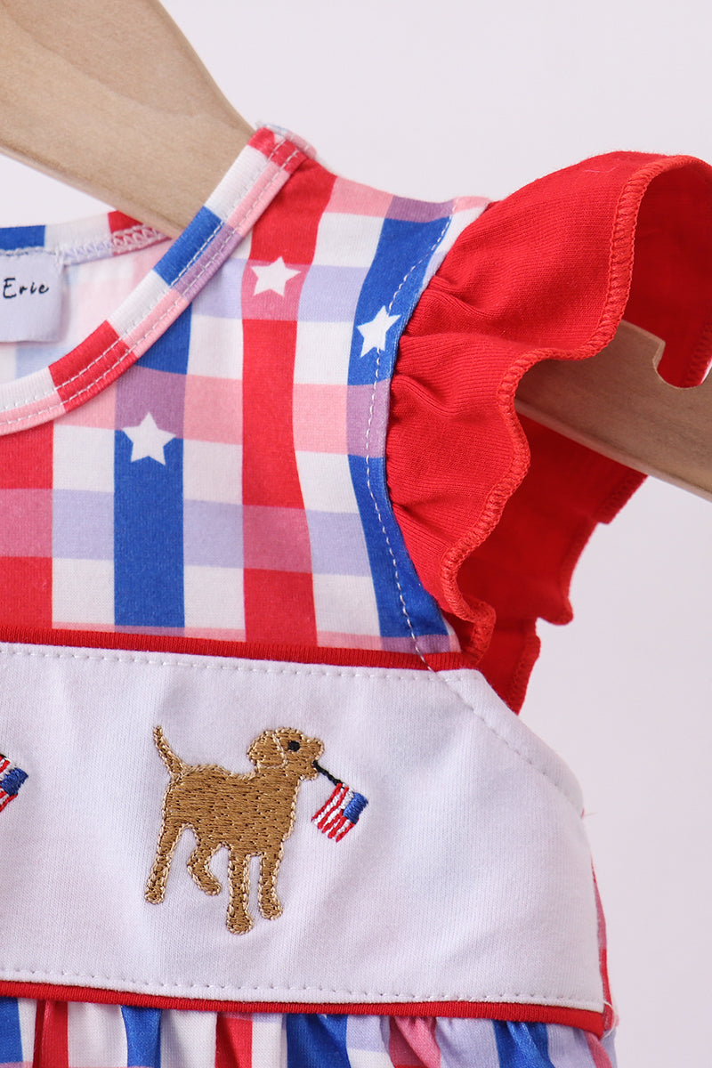 Red puppy embroidery ruffle plaid bubble