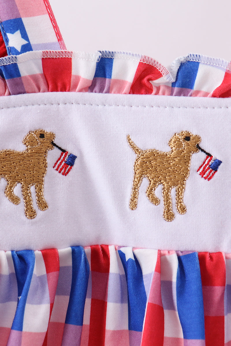 Red puppy embroidery plaid ruffle dress