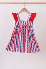 Red puppy embroidery plaid ruffle dress