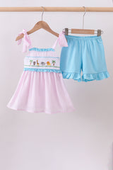 Pink stripe seersucker animal smocked ruffle shorts set