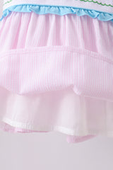 Pink stripe seersucker animal smocked ruffle shorts set
