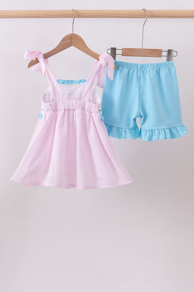 Pink stripe seersucker animal smocked ruffle shorts set