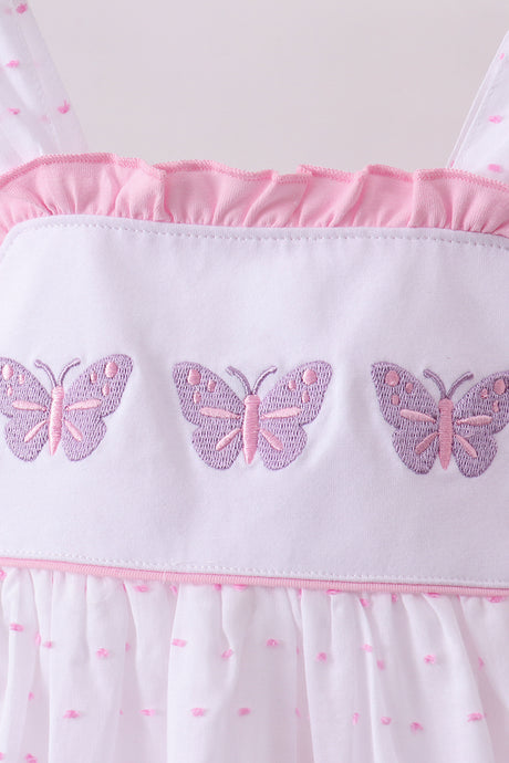 Purple butterfly embroidery swiss dot ruffle shorts set