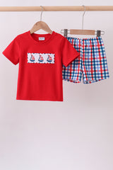 Red sailboat embroidery plaid shorts set