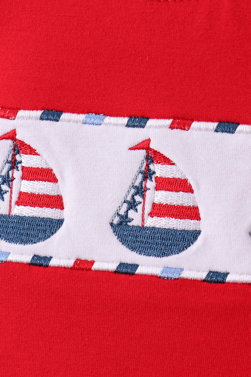 Red sailboat embroidery plaid shorts set