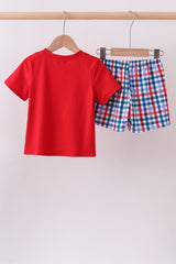 Red sailboat embroidery plaid shorts set