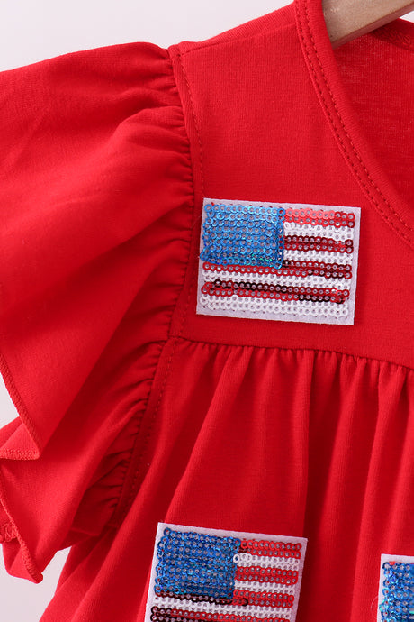 Red flag sequin tiered ruffle dress