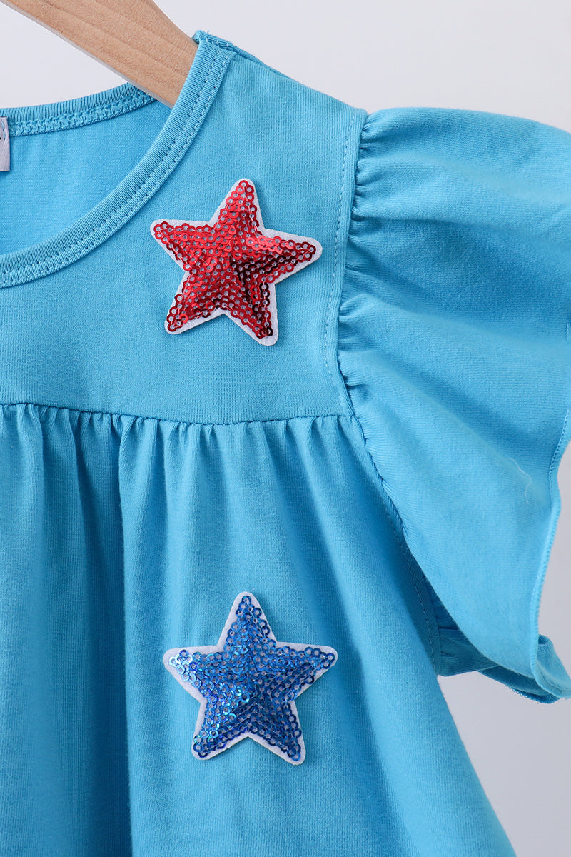 Blue star sequin tiered ruffle dress