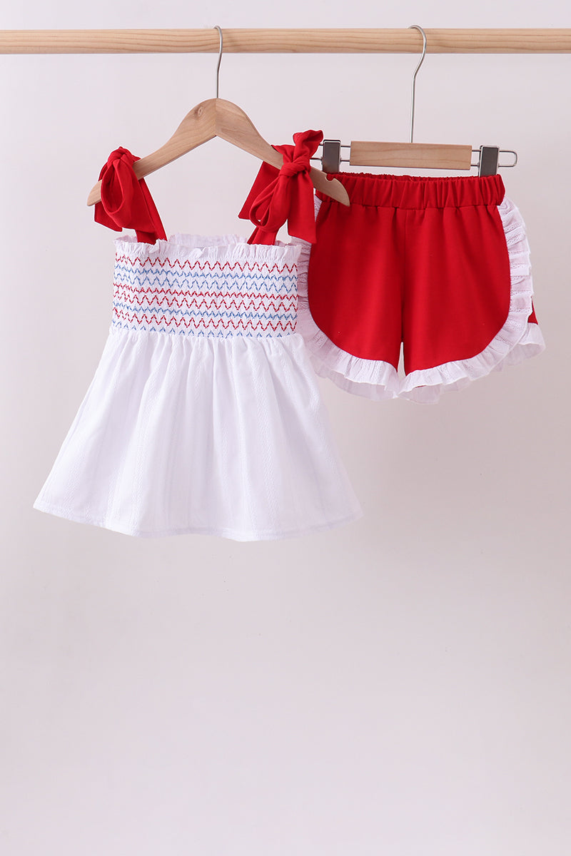 White smocked jacquard ruffle shorts set – Honeydew USA
