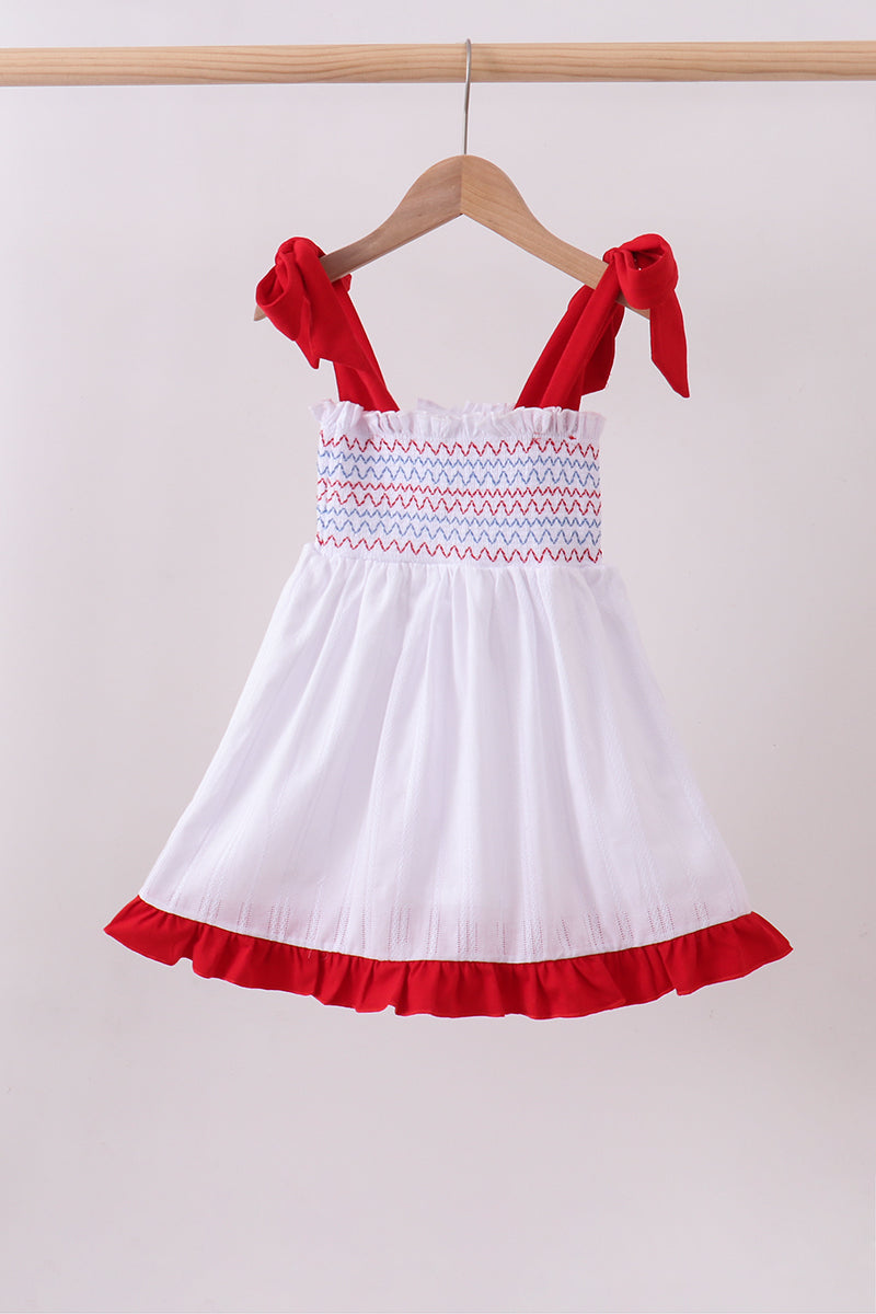 White smocked jacquard ruffle dress