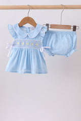 Blue floral smocked jacquard ruffle bloomer set