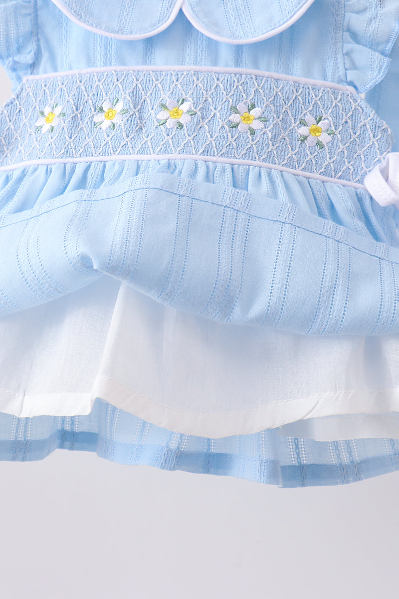 Blue floral smocked jacquard ruffle bloomer set