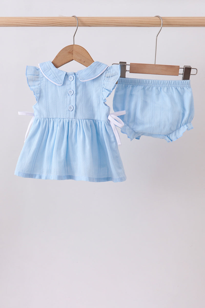 Blue floral smocked jacquard ruffle bloomer set