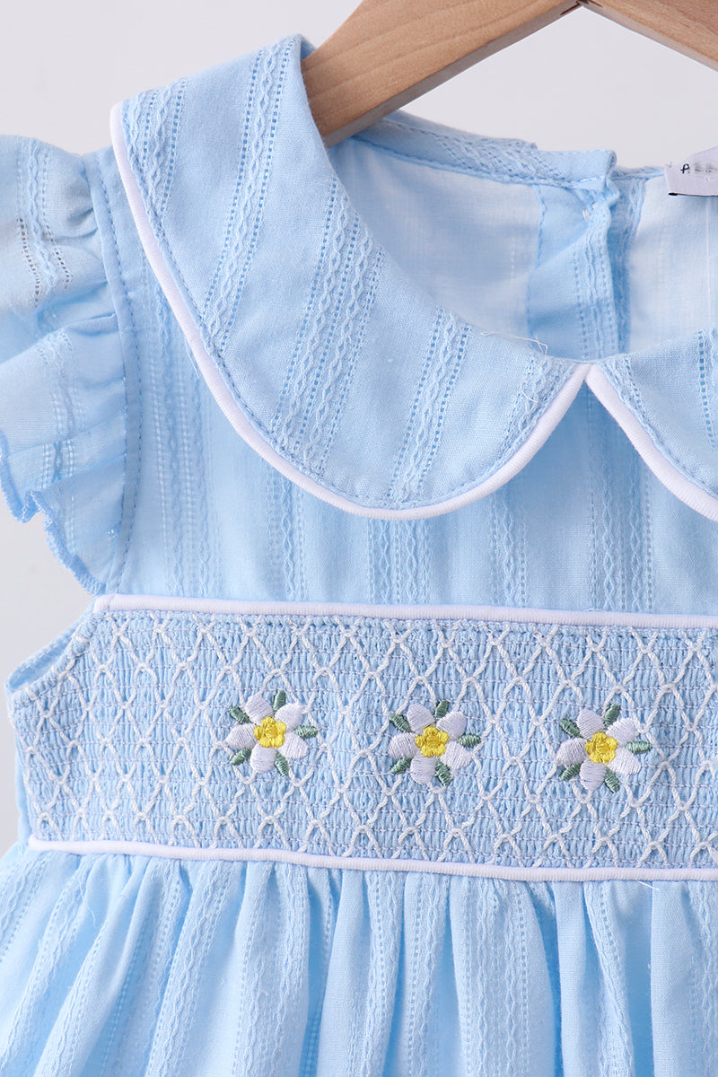 Blue floral smocked jacquard ruffle dress