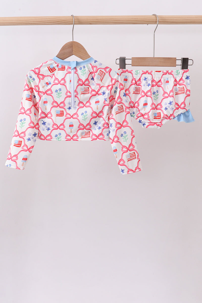 Blue floral bow tie ruffle 2pc swimsuit