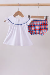 White flag smocked ruffle gingham bloomer set
