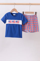 Blue flag smocked gingham shorts set