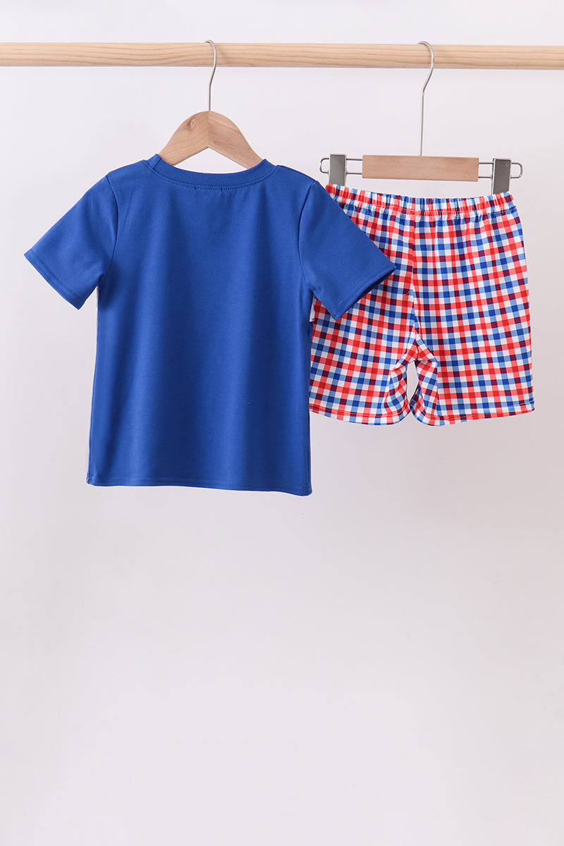 Blue flag smocked gingham shorts set
