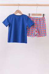 Blue flag smocked gingham shorts set
