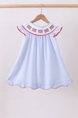 Blue seersucker flag smocked ruffle dress