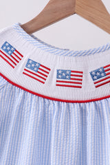 Blue seersucker flag smocked ruffle dress
