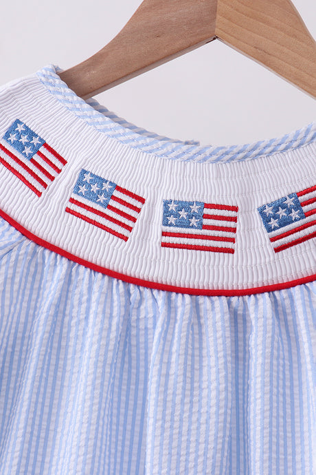 Blue seersucker flag smocked ruffle dress