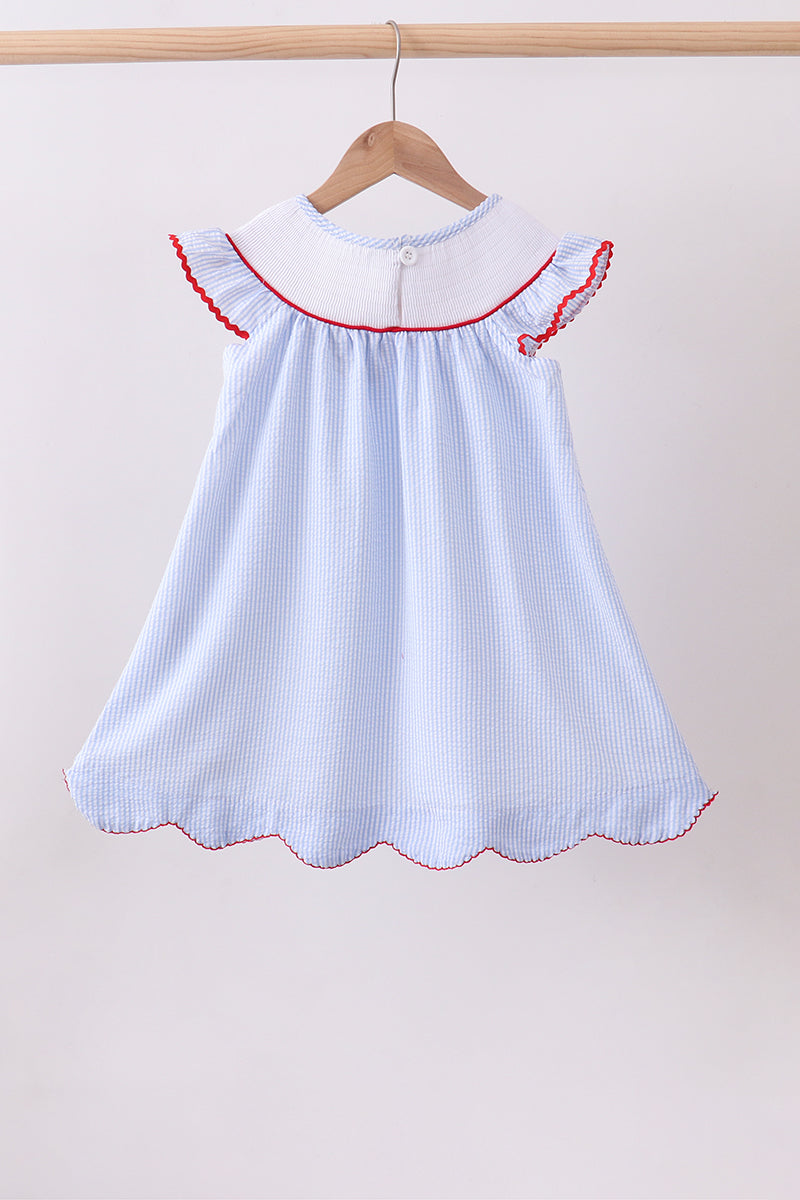 Blue seersucker flag smocked ruffle dress