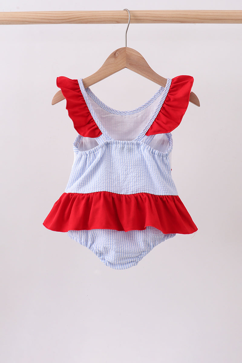 Blue seersucker flag smocked ruffle swimsuit