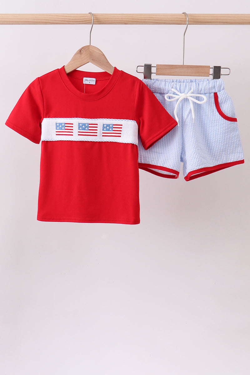 Red flag smocked seersucker shorts set
