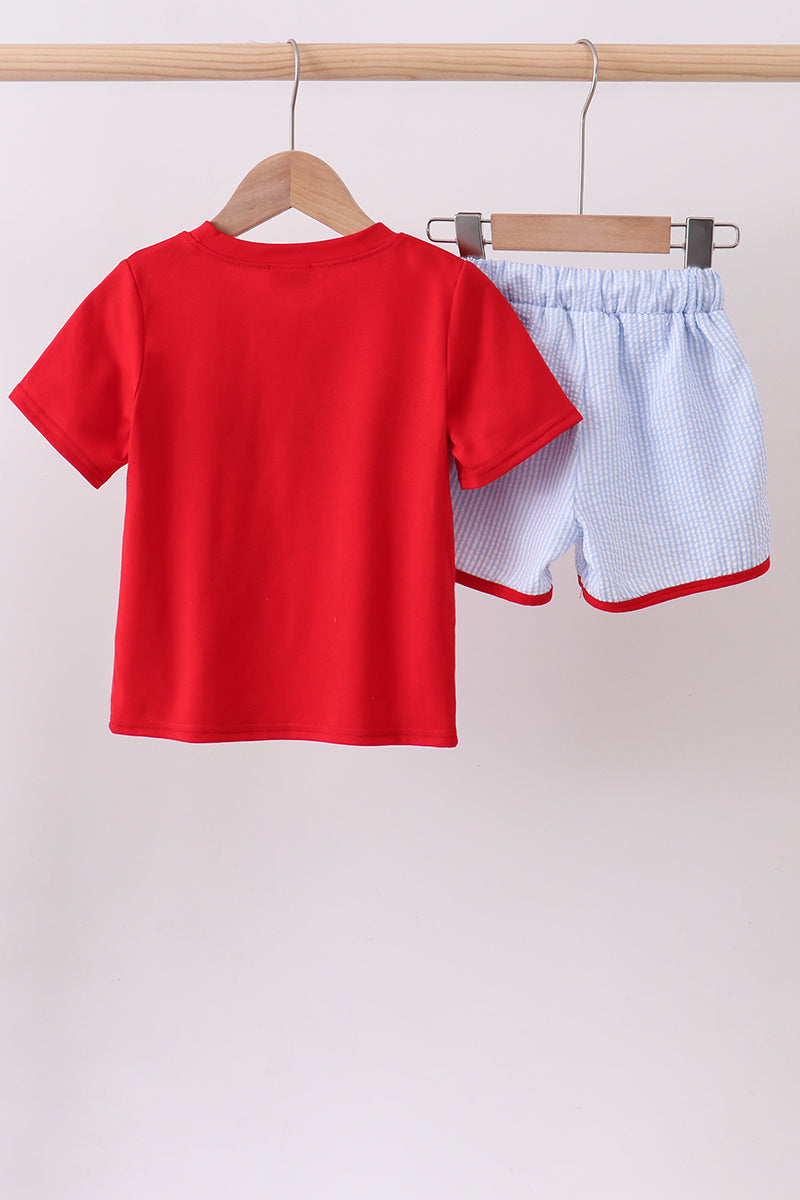Red flag smocked seersucker shorts set