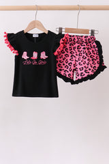 Black let's go girl boots leopard ruffle shorts set