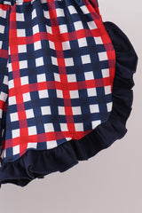 Navy flag applique gingham ruffle shorts set