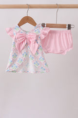 Pink hydrangea bow print ruffle bloomer set