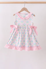 Pink hydrangea bow print ruffle dress