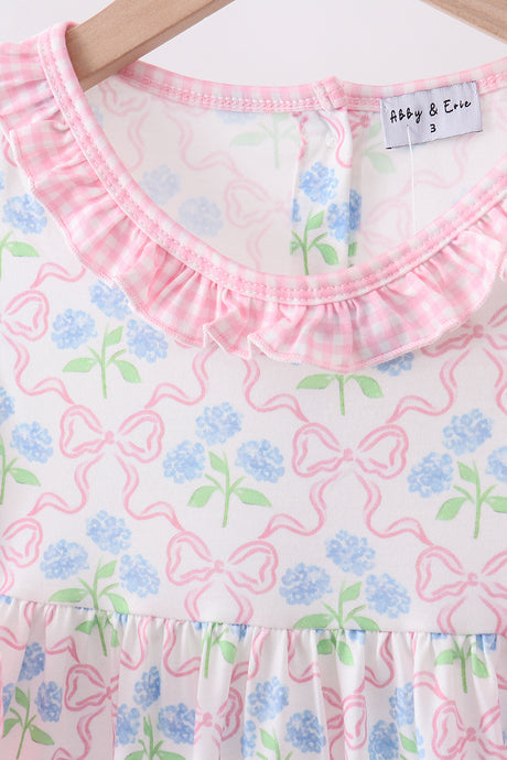 Pink hydrangea bow print ruffle dress