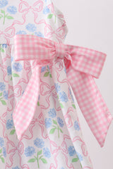 Pink hydrangea bow print ruffle dress