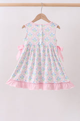 Pink hydrangea bow print ruffle dress