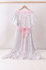 Pink hydrangea bow print tiered dress