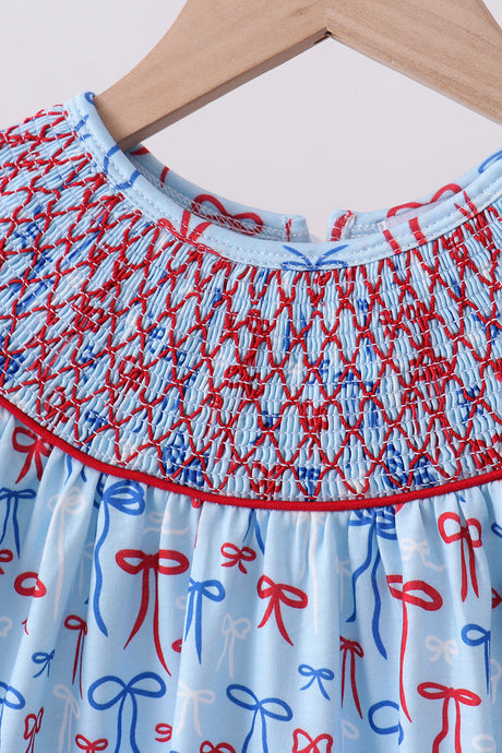Blue bow smocked ruffle shorts set