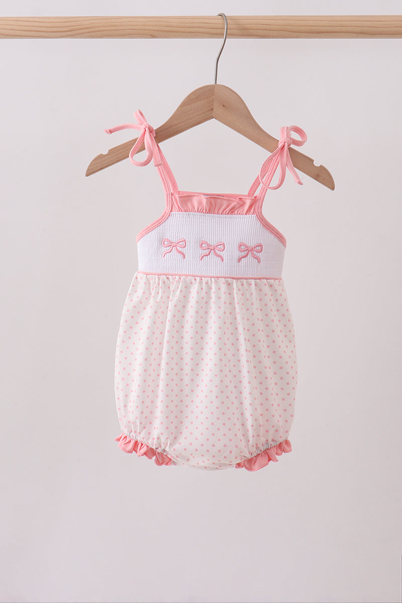 Pink bow smocked dot ruffle bubble