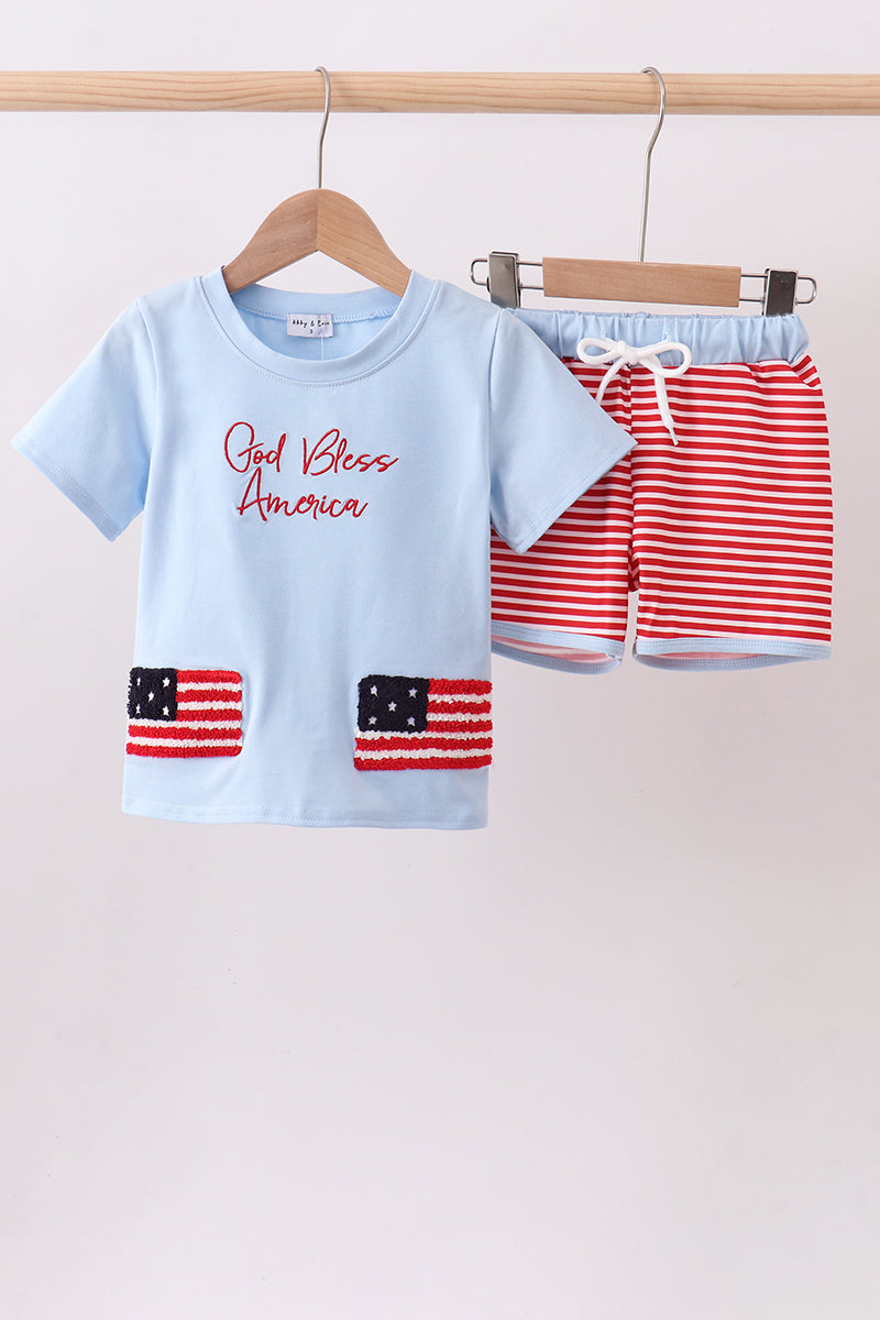 Blue god bless America flag french knot shorts set