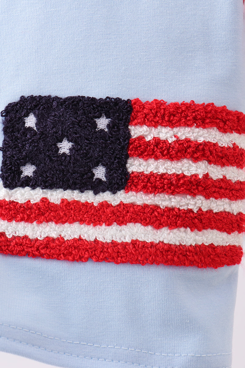 Blue god bless America flag french knot shorts set