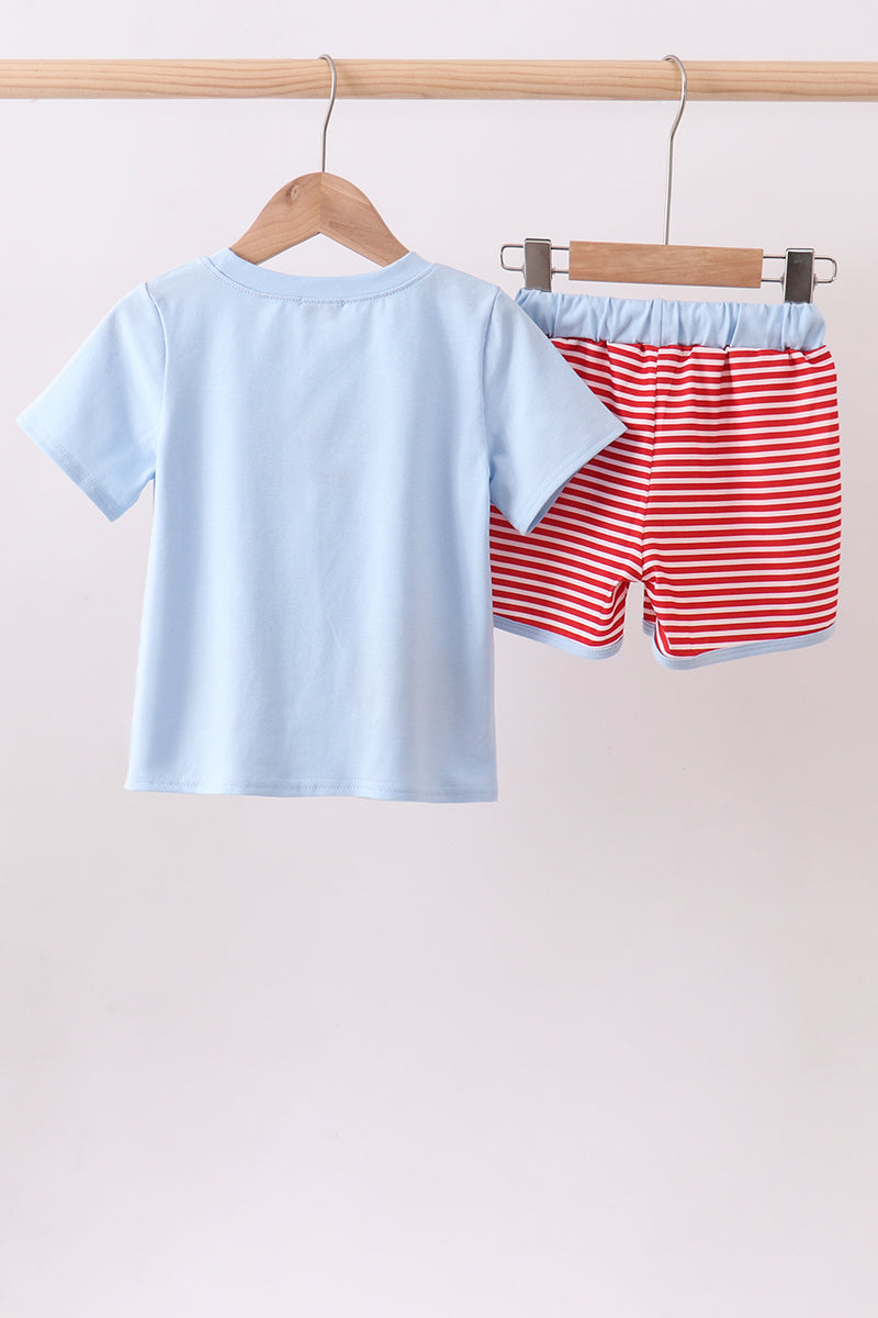 Blue god bless America flag french knot shorts set